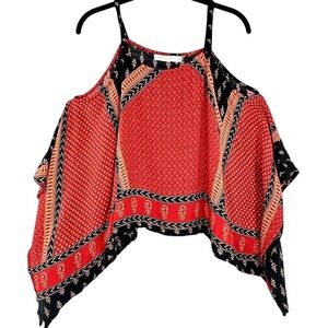 MINKPINK Boho Cold Shoulder Handkerchief Hem Top Womens XS Red Black Festival